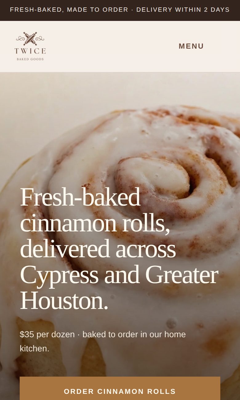 The TWICE Baked Goods website on a phone